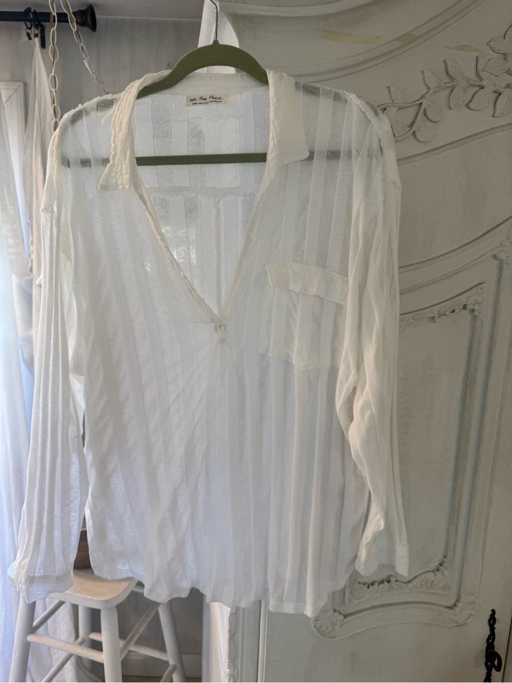 We The Free White Semi-Sheer Striped Button-Front Blouse